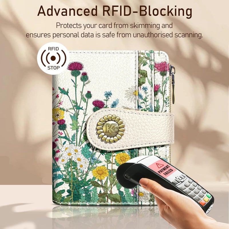 Kelvoris Aesthetic Flower Floral Small Rfid Women Wallet Bifold Zipper Coin Pocket PU Leather Compact Cash Credit Card Holder Travel Wallet for Female Ladies Teen Girls 1 ID Window 10 Card Slots - Image 3